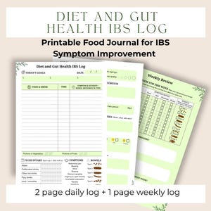 May include: A printable food journal for IBS symptom improvement. The journal includes a 2-page daily log and a 1-page weekly log. The pages are light green with black text and floral accents. The journal is titled "Diet and Gut Health IBS Log".