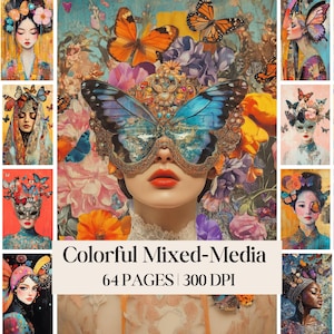 Colorful Whimsical Portraits Bundle, Mixed-Media Collage Pages (Digital Download)