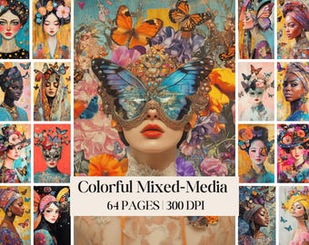 Colorful Whimsical Portraits Bundle, Mixed-Media Collage Pages (Digital Download)