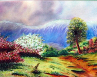 18 x 24 Mountain Meadow, Original Pastel Artwork, Mountain Pastel, Flowering Trees, Mountain Ravine, Stormy Skies, Spring Storms