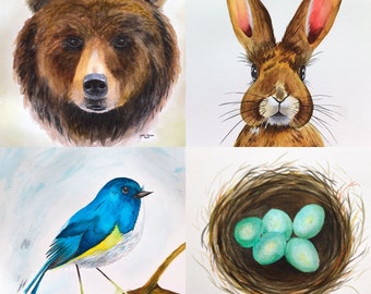 Watercolor Animals, Watercolor Grizzly Bear, Watercolor Bunny, Watercolor Artwork, Art For Kids Room, Robin’s Eggs, Blue Bird Art