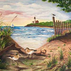 Seaside Painting, Lighthouse Painting, Sand Dunes Art, Sand Pipers Artwork, Ocean Artwork, Beach Painting