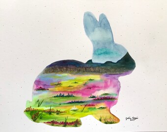 Original Landscape, Mountain Scene, Watercolor Original, 9 x 12 Original Artwork, Bunny Landscape, Bunny Meadow Landscape