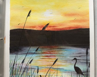Sunset, Watercolor Sunset, Tropical Sunset, Blue Heron Watercolor Artwork , Pink Sunset, Evening Sail, Sailing, Beach Scene
