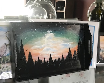 Arte original de cielo nocturno, obra de arte en madera, pintura en madera, regalo de obra de arte en madera, pintura de bosques del norte, bandeja de quesos, bandeja de quesos y salchichas
