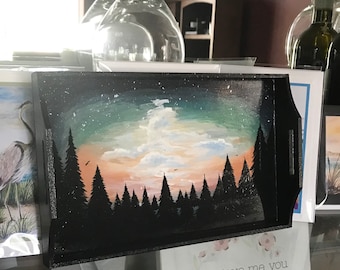 Night Sky Art, Wood Artwork, Wood Painting, Wood Artwork Gift, North woods Painting, Art Cheese Tray, Cheese & Sausage Tray, Serving Tray