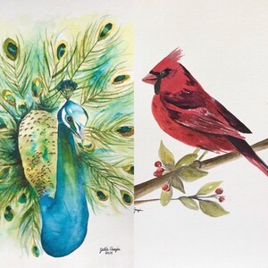 Peacock Watercolor, Cardinal Watercolor, Original Cardinal Watercolor, Peacock Artwork, Bird Art, Red Cardinal Painting