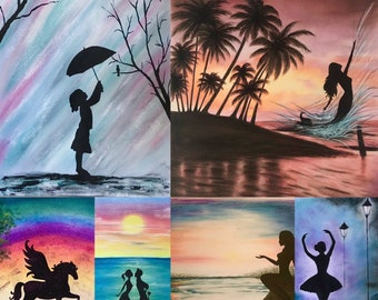 Silhouette Paintings, Umbrella Girl, Pegasus, Mermaid, Sunset, Sweethearts, Palm Trees, Island Sunset, Fairy Silhouette, Mermaid Rising