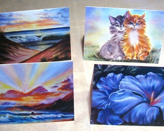 4 Pack Art Greeting Cards, Art Greeting Cards, Art Cards, Blank Art Greeting Cards, Kitten Card, Blue Hibiscus Card, Ocean Gift Card