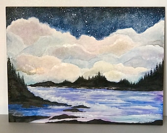 Cloudy Sky Original Artwork, Stormy Sky Art, Lake Artwork, Canvas Board Art, Small Artwork Gift, Tahoe Art, North woods Painting