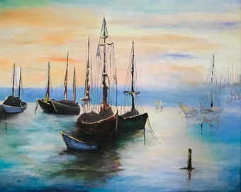 Sailboats, Sailboats at Sunset, Calm Seas, Tethered Sailboats, Misty Waters, Boats &Sea, Sunset Artwork, Evening Sky, Evening Sailboats