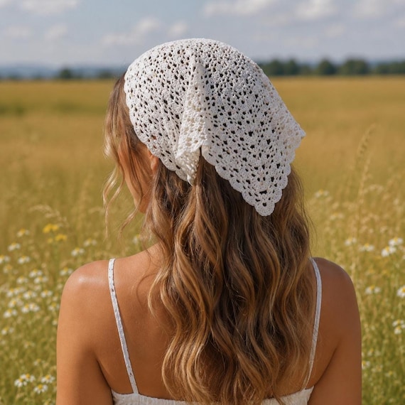Hand made crochet triangle cotton bandana head scarf white w/silver tiny sequins Amazon.com : OYOANGLE Women main image 3
