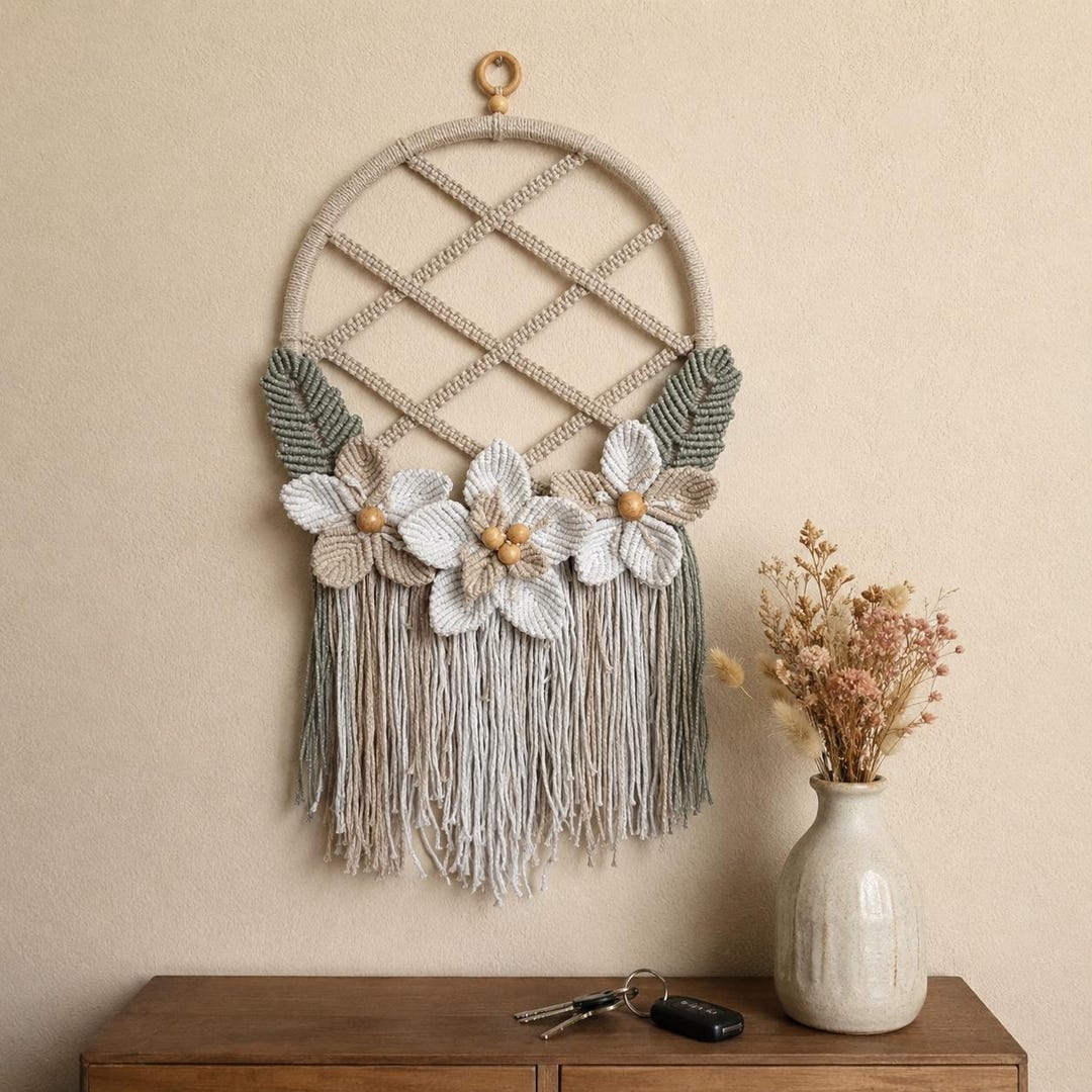 Handmade Macrame Flower Wall Art, Boho Cottagecore Decor, Cotton