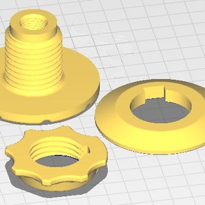 Könnte beinhalten: Ein Satz aus drei gelben mechanischen Komponenten. Das größte Teil hat einen Gewindezylinder, der an einer kreisförmigen Basis befestigt ist. Es gibt eine kreisförmige Unterlegscheibe und eine sternförmige Mutter.