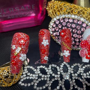 Scarlet Rose Glam Press-On Nails – Red Glitter with 3D Roses & Floral Accents, Handmade Luxury Nail Set