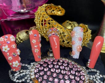 Coral Blossom Press-On Nails – 3D Floral, Rhinestones & Sparkle, Handmade Elegant Nail Set