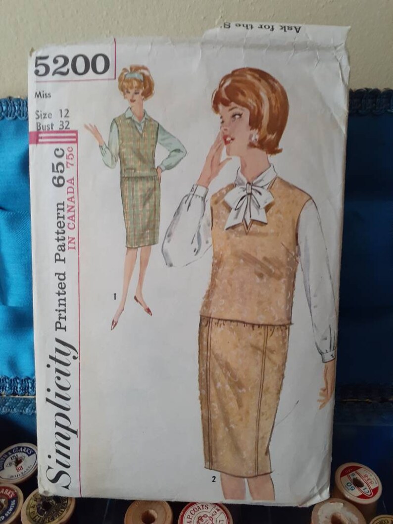 1960s Simplicity 5200 Misses size 12 skirt blouse and pullover bust 32 inches