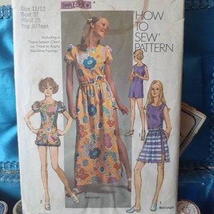 May include: A vintage Simplicity sewing pattern with a yellow, pink, and blue floral print dress, a purple and white striped dress, and a blue dress. The pattern is for sizes 11/12, bust 32, waist 25, and young junior/teens. The pattern includes instructions on how to apply neckline facings.