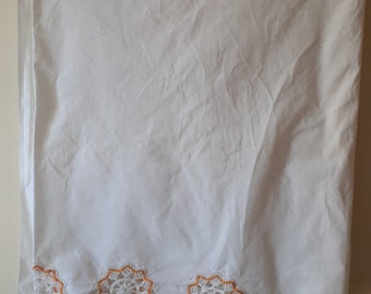 1970s vintage all cotton white twin/full flat sheet with orange and white crochet border