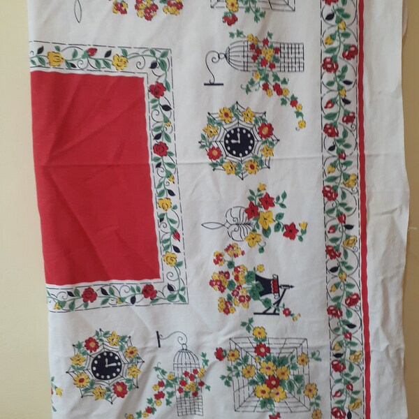 Mid century small square tablecloth with flowers and wire decor black, red yellow