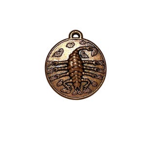 Puede incluir: Colgante de color bronce con un diseño detallado de un escorpión dentro de un marco circular. El escorpión está posicionado centralmente, con detalles intrincados en su cuerpo y pinzas. El colgante tiene un lazo en la parte superior.