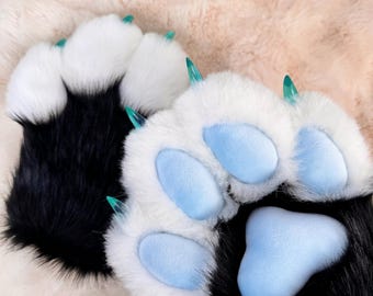 Handmade Furry Paws: Black & Blue Cosplay Gloves, Custom Colors