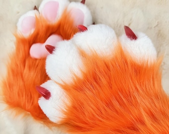 Handgefertigte Furry Paws Handschuhe: Oranges Cosplay Kostüm Accessoire