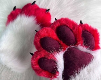 Red and White Fursuit Paws: Handmade Furry Paws - Custom Commission Open!