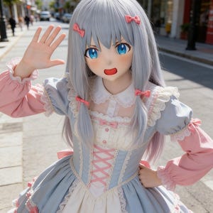 May include: A person in a light blue and white dress with pink accents, bows, and long sleeves. The person is wearing a mask with large blue eyes and gray hair with pink bows. The person is waving in front of a street scene.