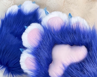 Gem Blue Furry Paws: Handmade Cosplay Gloves, Custom Claws