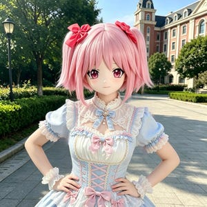 May include: A character with pink hair styled in twin tails with red bows, wearing a light blue and white dress featuring lace trim, ruffled sleeves, and pink ribbon accents at the neckline and waist, complemented by matching lace wrist cuffs.