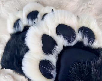 Guantes de traje de piel negros: patas de peluche hechas a mano, con colores y formas personalizables.