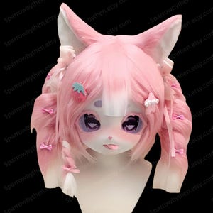 Vorgefertigte Kigurumi Maske, Rosa Kawaii-Kaninchen, zur Adoption verfügbar, Kig-Kaninchenmaske, pelzige Kunst, kostenlose Fee, Geschenk für die Tochter!