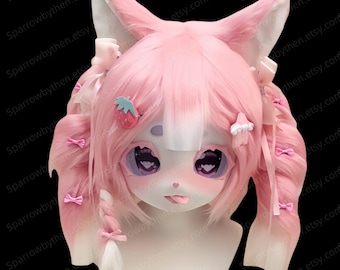 Roze kawaii konijn kigurumi-masker: harige kunst, gratis commissie