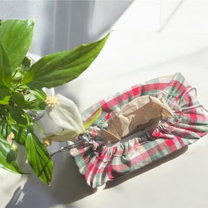 Könnte beinhalten: Eine rot, grün und weiß karierte Stofftasche mit Kordelzugverschluss, die ein braunes Papierpaket enthält. Eine weiße Blume mit grünen Blättern befindet sich im Vordergrund, wobei Sonnenlicht die Szene beleuchtet.