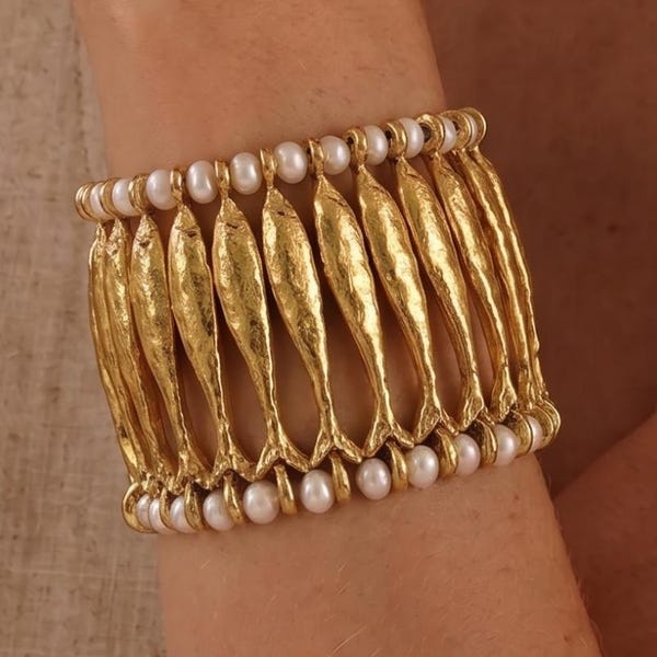 Gold Fish Bracelet, Freshwater Pearl Cuff Bracelet, Hammered Stainless Steel Fish Bangle, Sculptural Statement Bracelet, Ocean Jewelry Gift