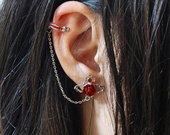 NANA Inspired Red Orb Chain Earring, Punk Vivienne Style Jewelry, Gothic Rock Ear Cuff & Stud, Cosplay Accessory