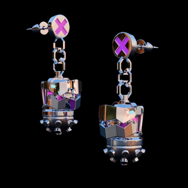 May include: A pair of silver earrings with a purple and silver geometric design. Each earring features a small chain and a circular charm with a purple X.