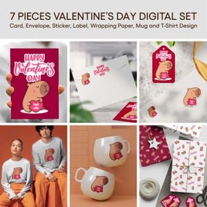 Valentine’s Day Capybara Themed 7 Pieces Printable Digital Set| Card, Envelope, Sticker, Label, Wrapping Paper, Mug and T-Shirt Design