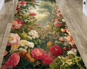 Teppichläufer, Üppiger Gartenteppich mit Blumenmuster, Lebendige Natur Inspirierter Design Teppich, Flur, Decke, Treppen Teppich, Geblümter Teppich