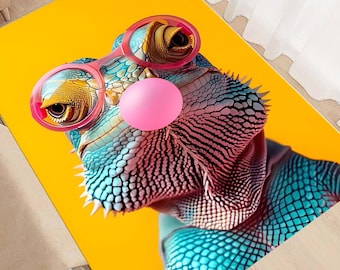 Quirky Lizard Area Rug with Fun Glasses Design, Vibrant Animal Decor, Blue Lizard Rug, Yellow Rug, Pink Bubblegum Rug, Kids Room Rug,Fun Rug