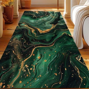 Emerald Green Marble Runner Rug, Abstract Gold Swirl Hallway Rug, Luxury Modern Floor Decor, Artistic Green Accent Rug,Washable Rug,Floormat