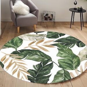 Tappeto rotondo con foglie tropicali, tappeto per soggiorno o camera da letto, tappeto circolare botanico verde, tappeto decorativo moderno lavabile ispirato alla natura