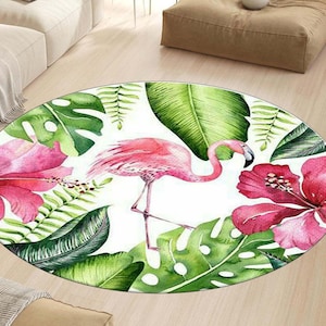 Round Rug, Tropical Flamingo Round Rug, Pink Flower and Leaf Pattern Rug, Nursery Rug, Exotic Flamingo Gift Idea, Tropical Area Rug,