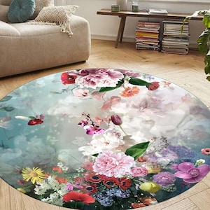 Round Rug, Floral Round Rug, Vintage Inspired Circular Rug with Flower Design, Perfect Gift for Home Decor Lovers, Modern Rug, Floral Rug