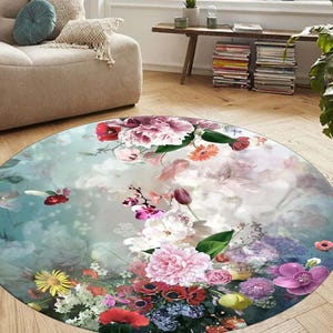Rond vloerkleed, rond vloerkleed met bloemen, vintage geïnspireerd rond vloerkleed met bloemdessin, perfect cadeau voor liefhebbers van interieurdecoratie, modern vloerkleed, vloerkleed bloemen