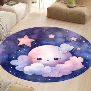 Mond Teppich, runder Mond und Sternen Teppich, niedlicher kreisförmiger Teppich mit Himmlischem Motiv, Kinderzimmerdekor, weiche und gemütliche Spielzimmermatte, bezaubernde Geschenkidee