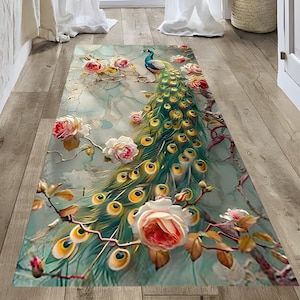 Runner Rug, Floral Peacock Rug, Elegant Boho Peacock Rug, Colorful ...