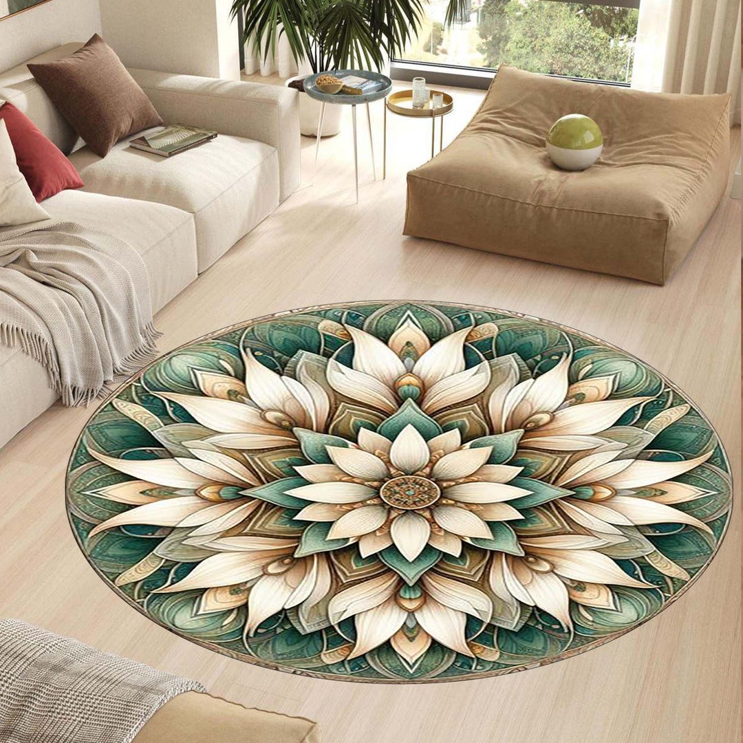 Mandala Lotus Round Rug, Living Room Rug, Spiritual Boho Rug, Green and ...