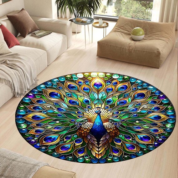 Peacock Round Rug, Elegant Round Rug, Colorful Rug, Modern Decor, Living Room Rug, Door Mat,Peacock Round Rug, Boho Style Digital Print Rug